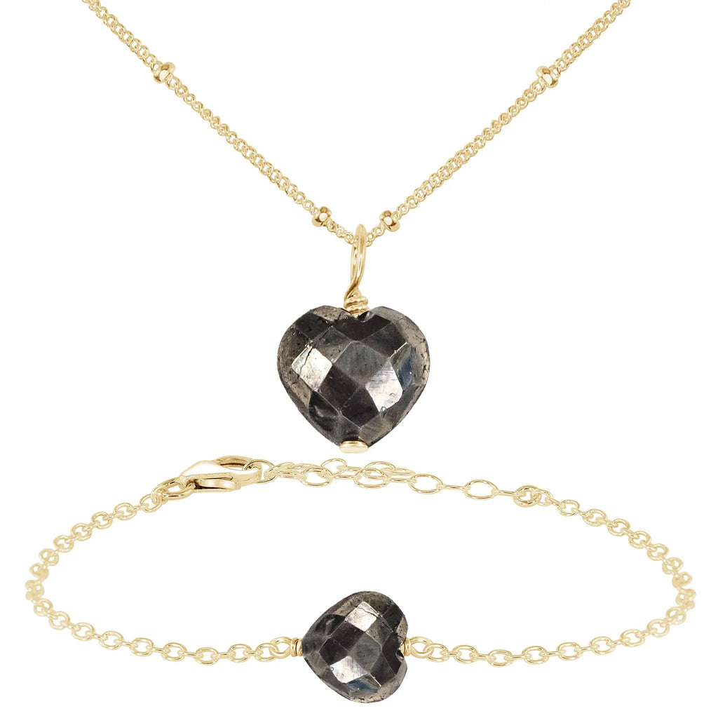 Pyrite Crystal Heart Jewellery Set - Pyrite Crystal Heart Jewellery Set - 14k Gold Fill / Satellite / Necklace & Bracelet - Luna Tide Handmade Crystal Jewellery