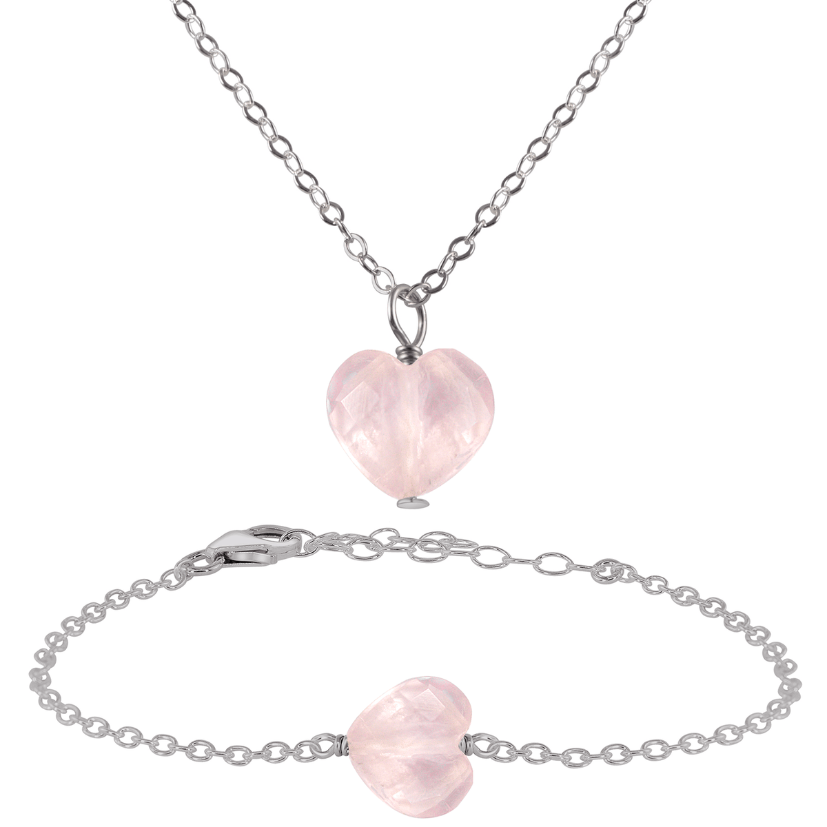 Rose Quartz Crystal Heart Jewellery Set - Rose Quartz Crystal Heart Jewellery Set - Stainless Steel / Cable / Necklace & Bracelet - Luna Tide Handmade Crystal Jewellery