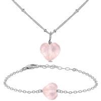 Rose Quartz Crystal Heart Jewellery Set - Rose Quartz Crystal Heart Jewellery Set - Stainless Steel / Satellite / Necklace & Bracelet - Luna Tide Handmade Crystal Jewellery