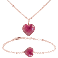 Ruby Crystal Heart Jewellery Set - Ruby Crystal Heart Jewellery Set - 14k Rose Gold Fill / Satellite / Necklace & Bracelet - Luna Tide Handmade Crystal Jewellery