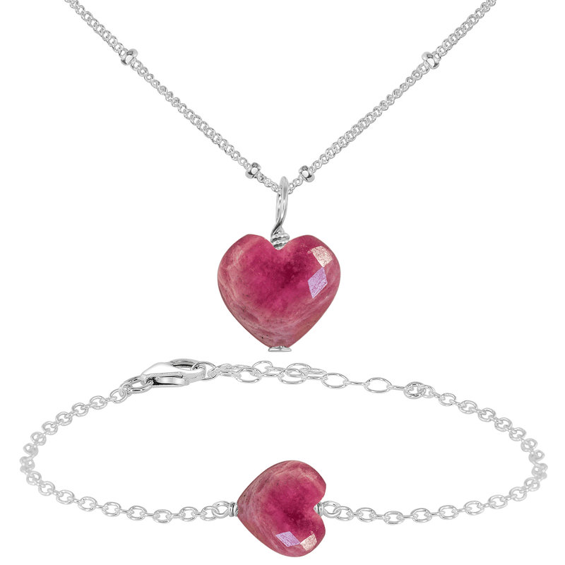 Ruby Crystal Heart Jewellery Set - Ruby Crystal Heart Jewellery Set - Sterling Silver / Satellite / Necklace & Bracelet - Luna Tide Handmade Crystal Jewellery
