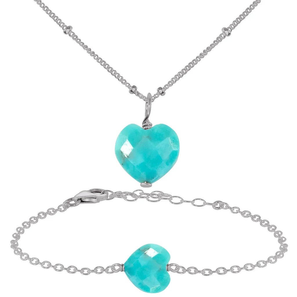 Turquoise Crystal Heart Jewellery Set - Turquoise Crystal Heart Jewellery Set - Stainless Steel / Satellite / Necklace & Bracelet - Luna Tide Handmade Crystal Jewellery