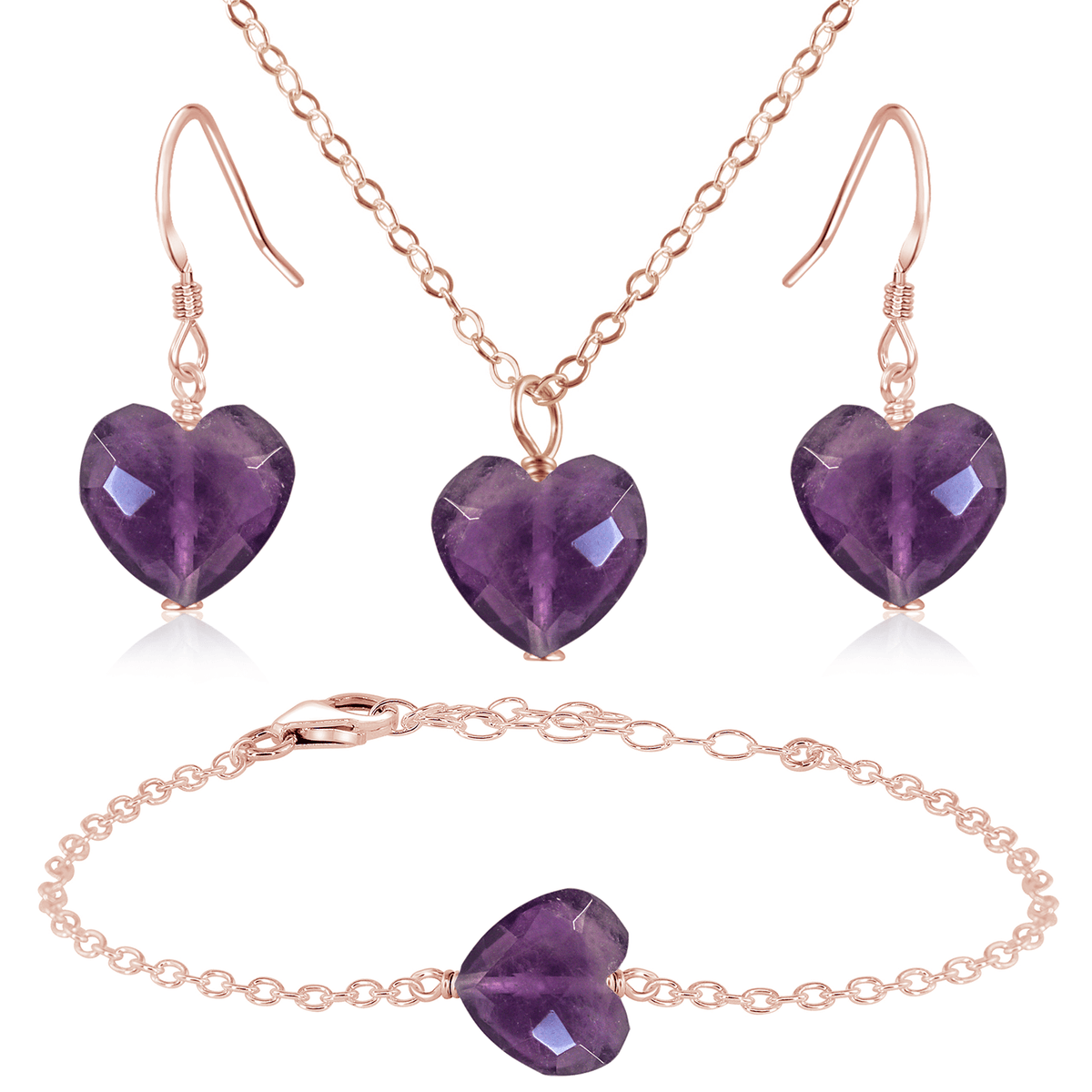 Amethyst Crystal Heart Jewellery Set - Amethyst Crystal Heart Jewellery Set - 14k Rose Gold Fill / Cable / Necklace & Earrings & Bracelet - Luna Tide Handmade Crystal Jewellery