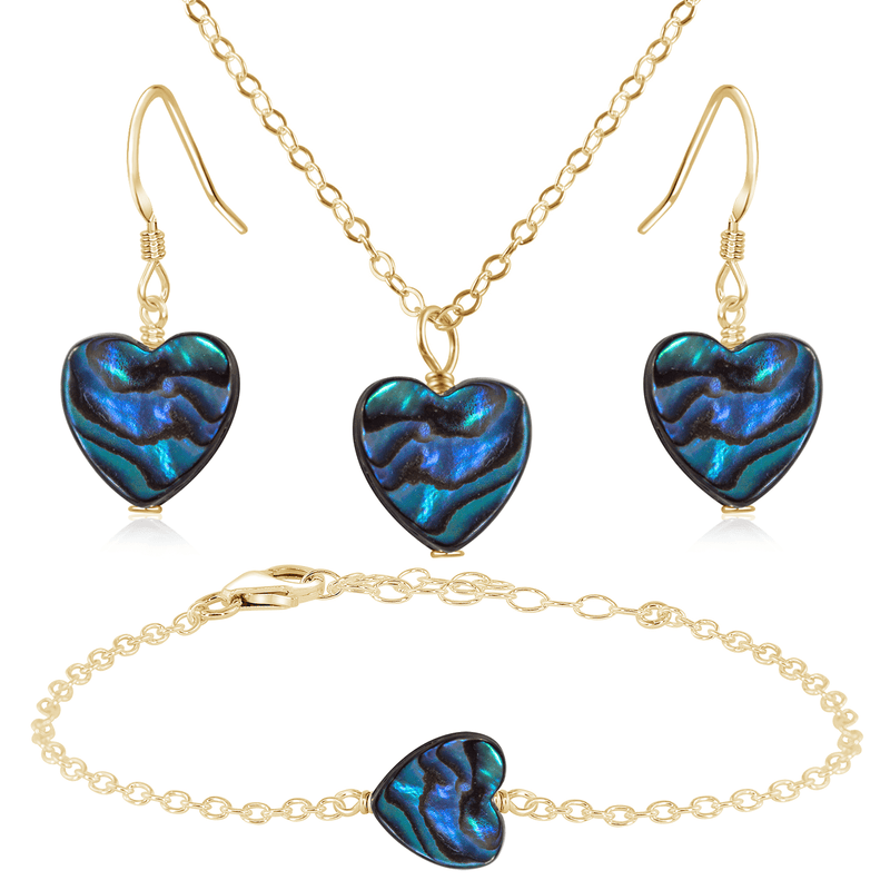 Abalone Shell Heart Jewellery Set - Abalone Shell Heart Jewellery Set - 14k Gold Fill / Cable / Necklace & Earrings & Bracelet - Luna Tide Handmade Crystal Jewellery