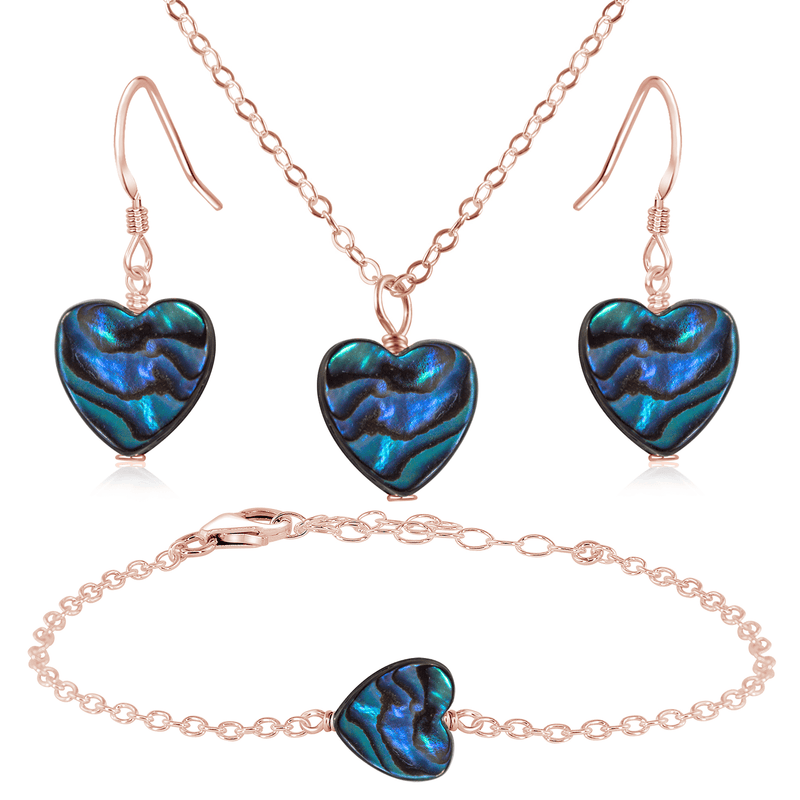 Abalone Shell Heart Jewellery Set - Abalone Shell Heart Jewellery Set - 14k Rose Gold Fill / Cable / Necklace & Earrings & Bracelet - Luna Tide Handmade Crystal Jewellery