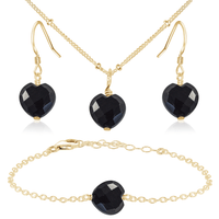 Black Onyx Crystal Heart Jewellery Set - Black Onyx Crystal Heart Jewellery Set - 14k Gold Fill / Satellite / Necklace & Earrings & Bracelet - Luna Tide Handmade Crystal Jewellery