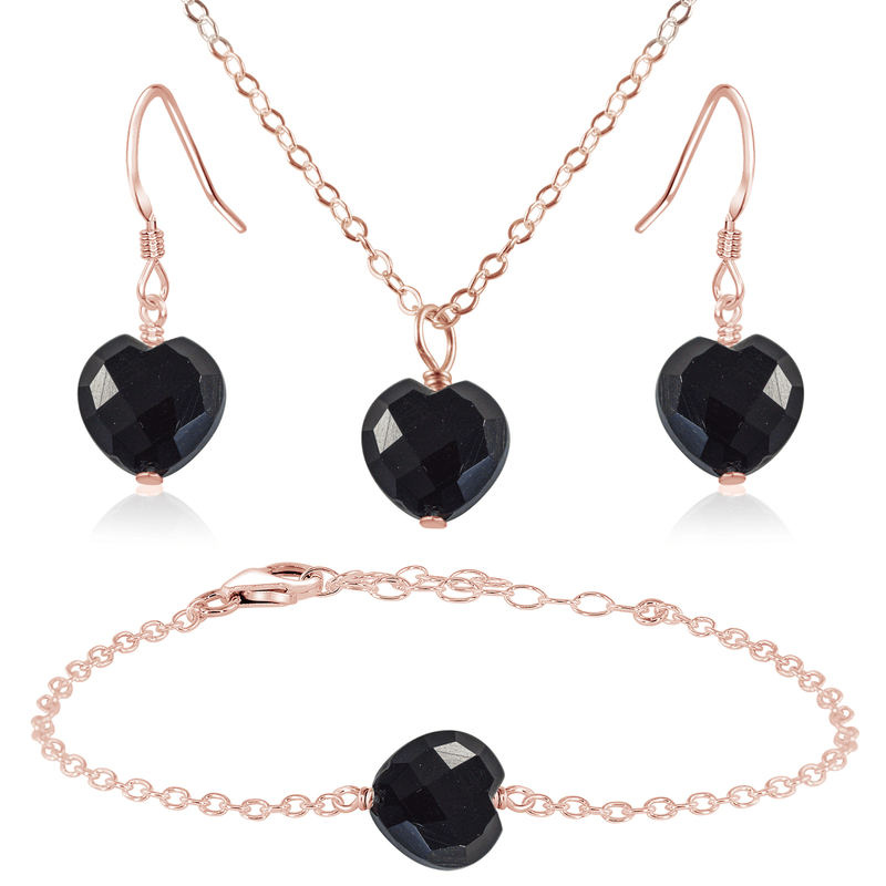 Black Onyx Crystal Heart Jewellery Set - Black Onyx Crystal Heart Jewellery Set - 14k Rose Gold Fill / Cable / Necklace & Earrings & Bracelet - Luna Tide Handmade Crystal Jewellery