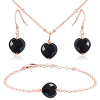 Black Onyx Crystal Heart Jewellery Set - Black Onyx Crystal Heart Jewellery Set - 14k Rose Gold Fill / Satellite / Necklace & Earrings & Bracelet - Luna Tide Handmade Crystal Jewellery