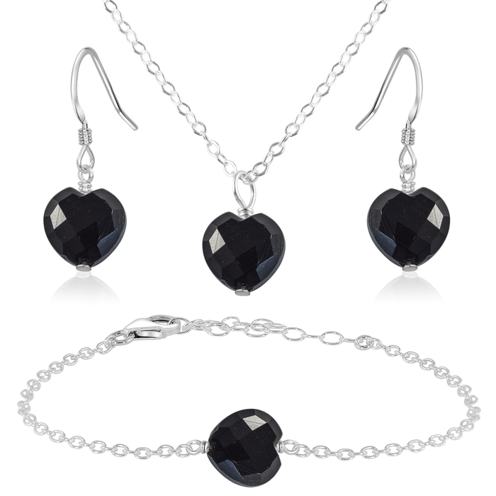 Black Onyx Crystal Heart Jewellery Set - Black Onyx Crystal Heart Jewellery Set - Sterling Silver / Cable / Necklace & Earrings & Bracelet - Luna Tide Handmade Crystal Jewellery