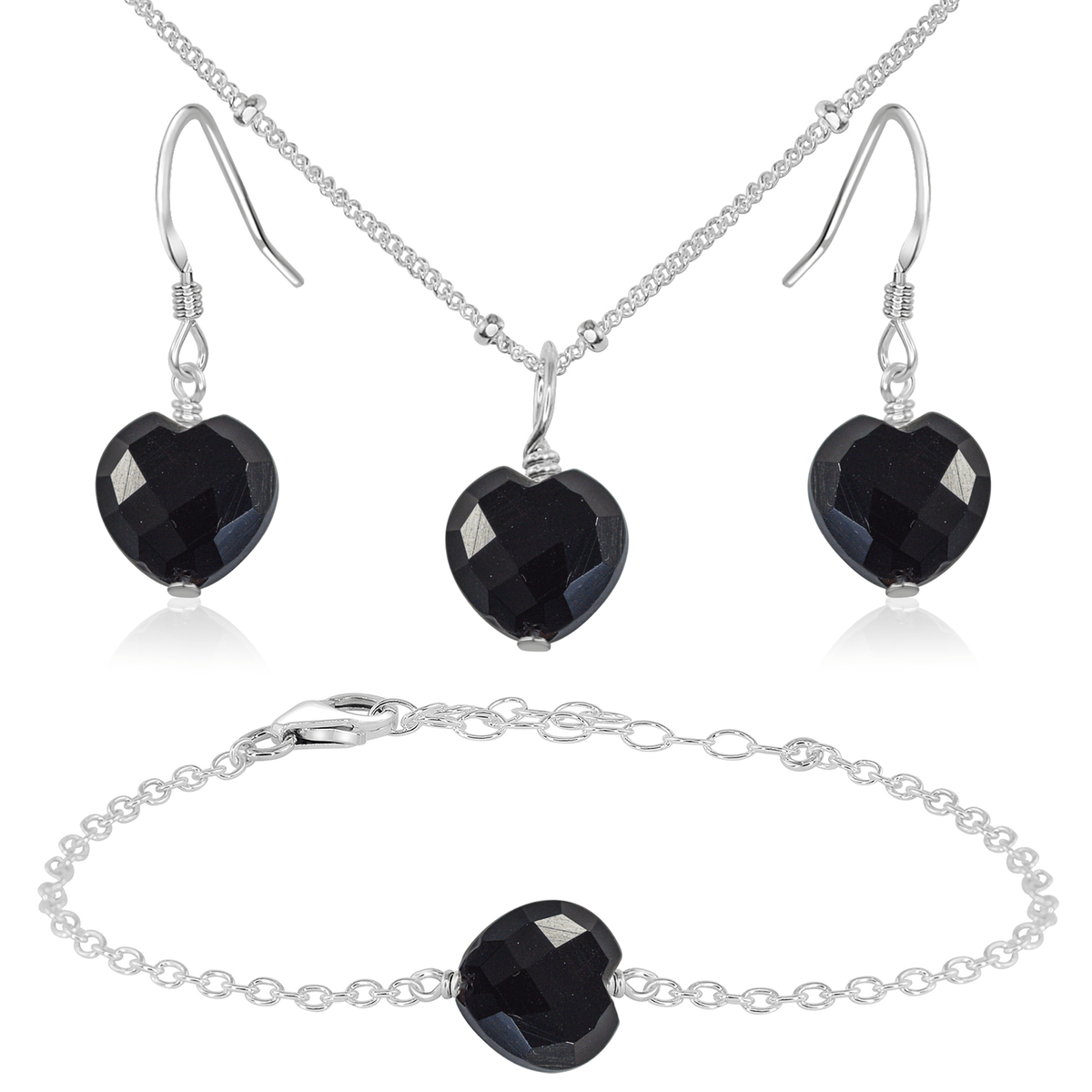 Black Onyx Crystal Heart Jewellery Set - Black Onyx Crystal Heart Jewellery Set - Sterling Silver / Satellite / Necklace & Earrings & Bracelet - Luna Tide Handmade Crystal Jewellery