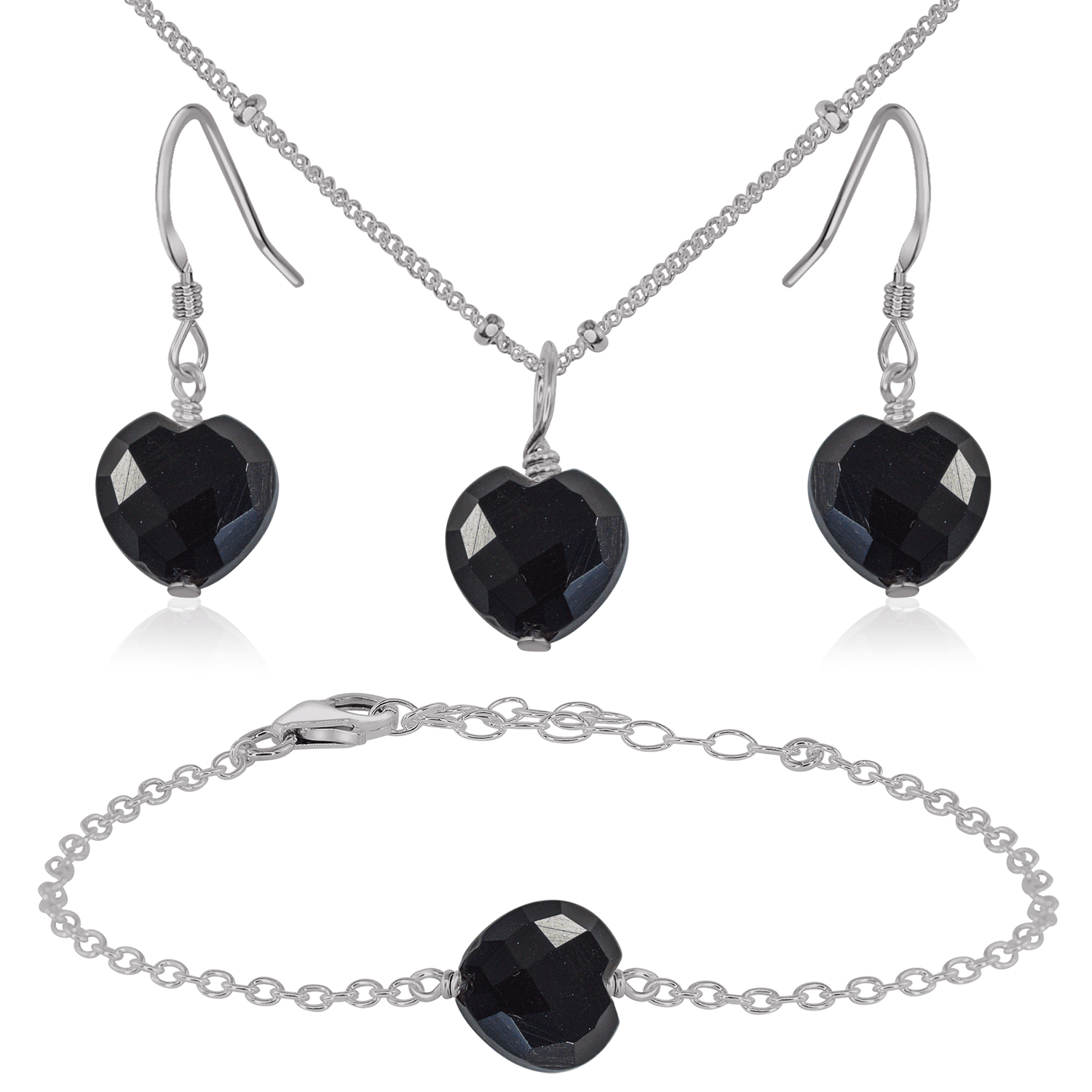 Black Onyx Crystal Heart Jewellery Set - Black Onyx Crystal Heart Jewellery Set - Stainless Steel / Satellite / Necklace & Earrings & Bracelet - Luna Tide Handmade Crystal Jewellery