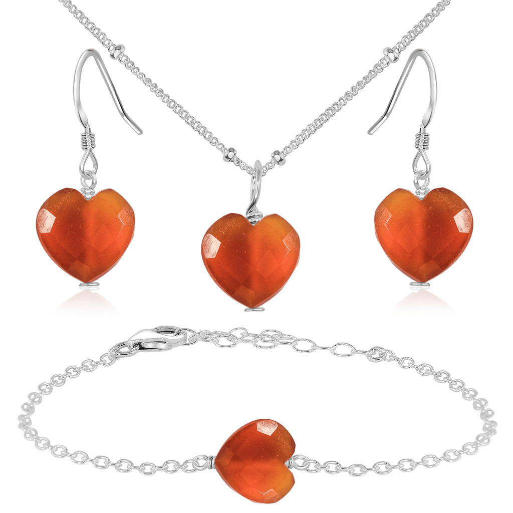 Carnelian Crystal Heart Jewellery Set - Carnelian Crystal Heart Jewellery Set - Sterling Silver / Satellite / Necklace & Earrings & Bracelet - Luna Tide Handmade Crystal Jewellery