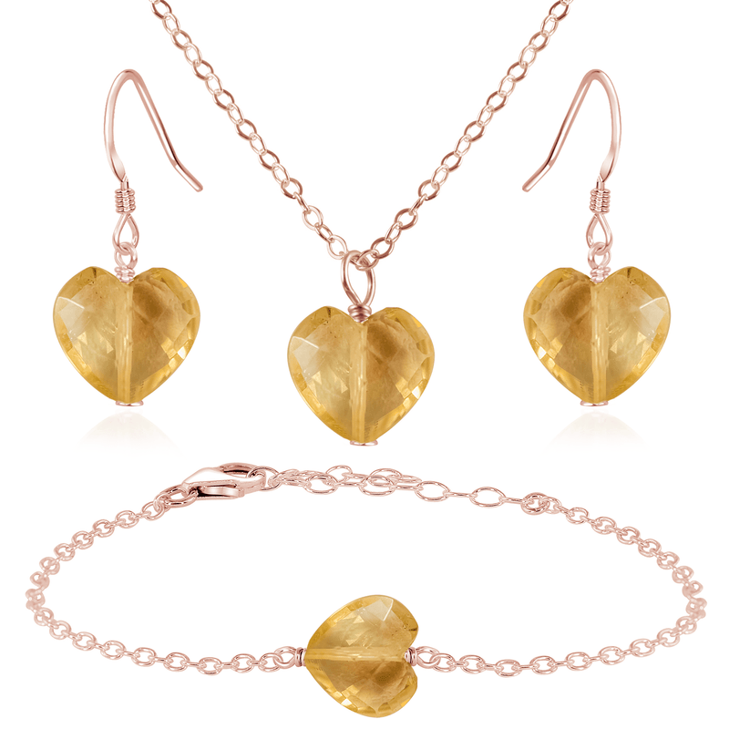 Citrine Crystal Heart Jewellery Set - Citrine Crystal Heart Jewellery Set - 14k Rose Gold Fill / Cable / Necklace & Earrings & Bracelet - Luna Tide Handmade Crystal Jewellery