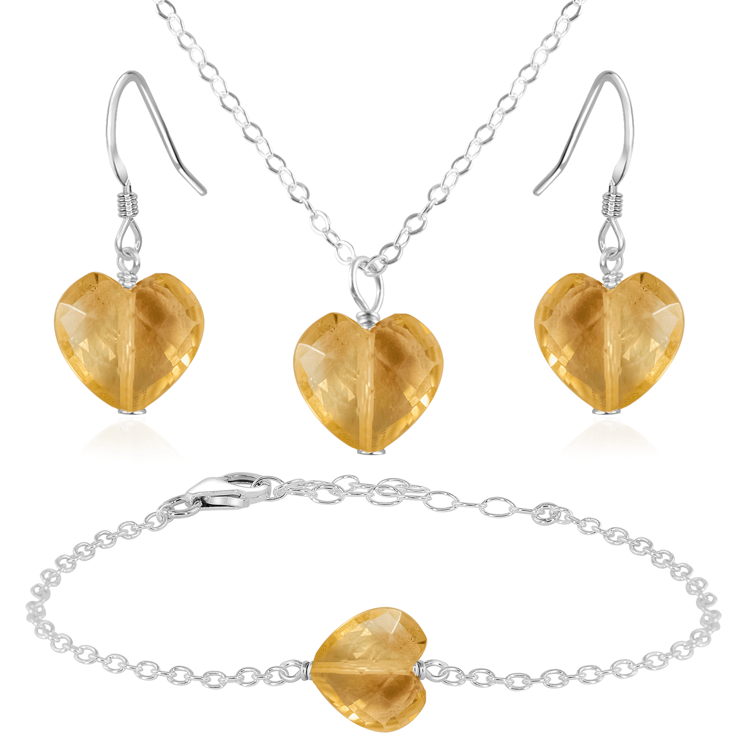 Citrine Crystal Heart Jewellery Set - Citrine Crystal Heart Jewellery Set - Sterling Silver / Cable / Necklace & Earrings & Bracelet - Luna Tide Handmade Crystal Jewellery