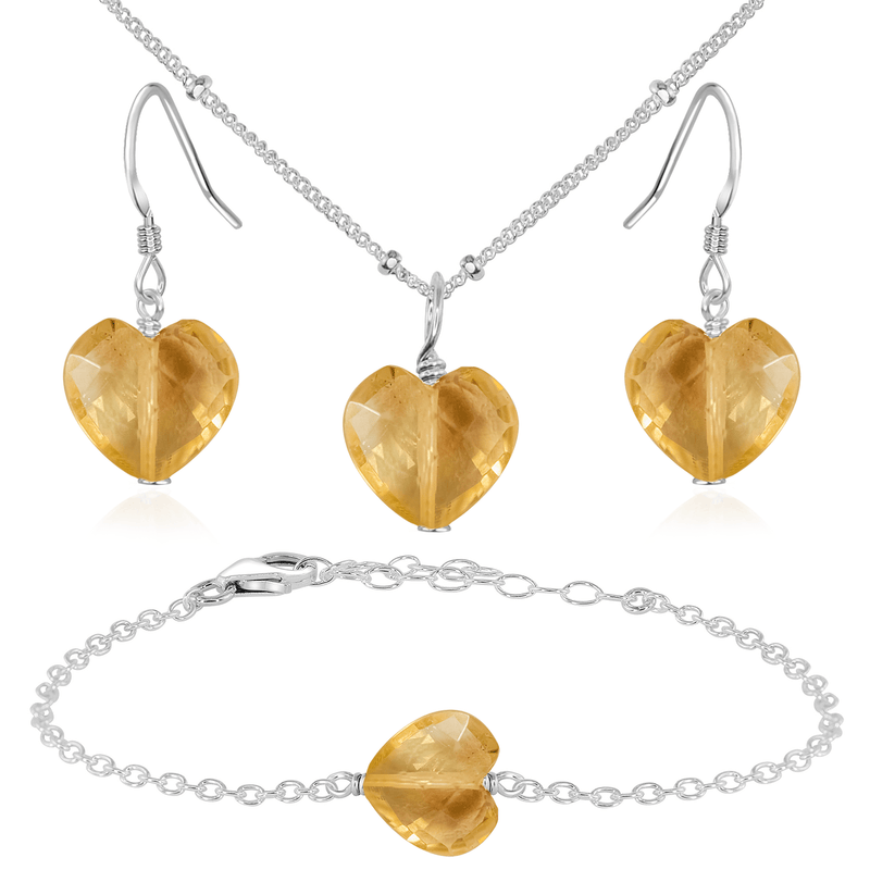 Citrine Crystal Heart Jewellery Set - Citrine Crystal Heart Jewellery Set - Sterling Silver / Satellite / Necklace & Earrings & Bracelet - Luna Tide Handmade Crystal Jewellery