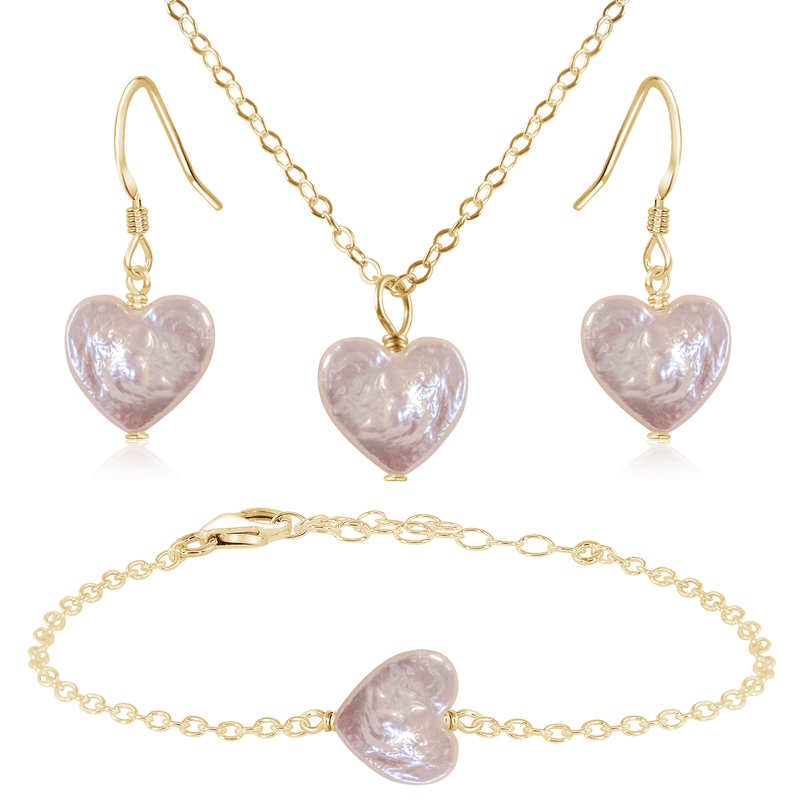 Freshwater Pearl Heart Jewellery Set - Freshwater Pearl Heart Jewellery Set - 14k Gold Fill / Cable / Necklace & Earrings & Bracelet - Luna Tide Handmade Crystal Jewellery