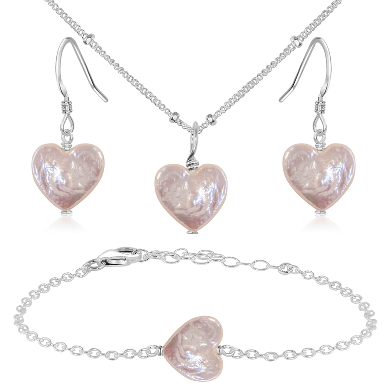 Freshwater Pearl Heart Jewellery Set - Freshwater Pearl Heart Jewellery Set - Sterling Silver / Satellite / Necklace & Earrings & Bracelet - Luna Tide Handmade Crystal Jewellery