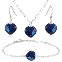 Lapis Lazuli Crystal Heart Jewellery Set - Lapis Lazuli Crystal Heart Jewellery Set - Sterling Silver / Cable / Necklace & Earrings & Bracelet - Luna Tide Handmade Crystal Jewellery