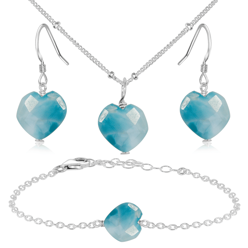 Larimar Crystal Heart Jewellery Set - Larimar Crystal Heart Jewellery Set - Sterling Silver / Satellite / Necklace & Earrings & Bracelet - Luna Tide Handmade Crystal Jewellery
