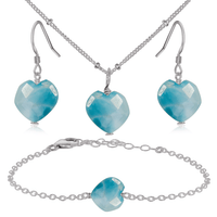 Larimar Crystal Heart Jewellery Set - Larimar Crystal Heart Jewellery Set - Stainless Steel / Satellite / Necklace & Earrings & Bracelet - Luna Tide Handmade Crystal Jewellery