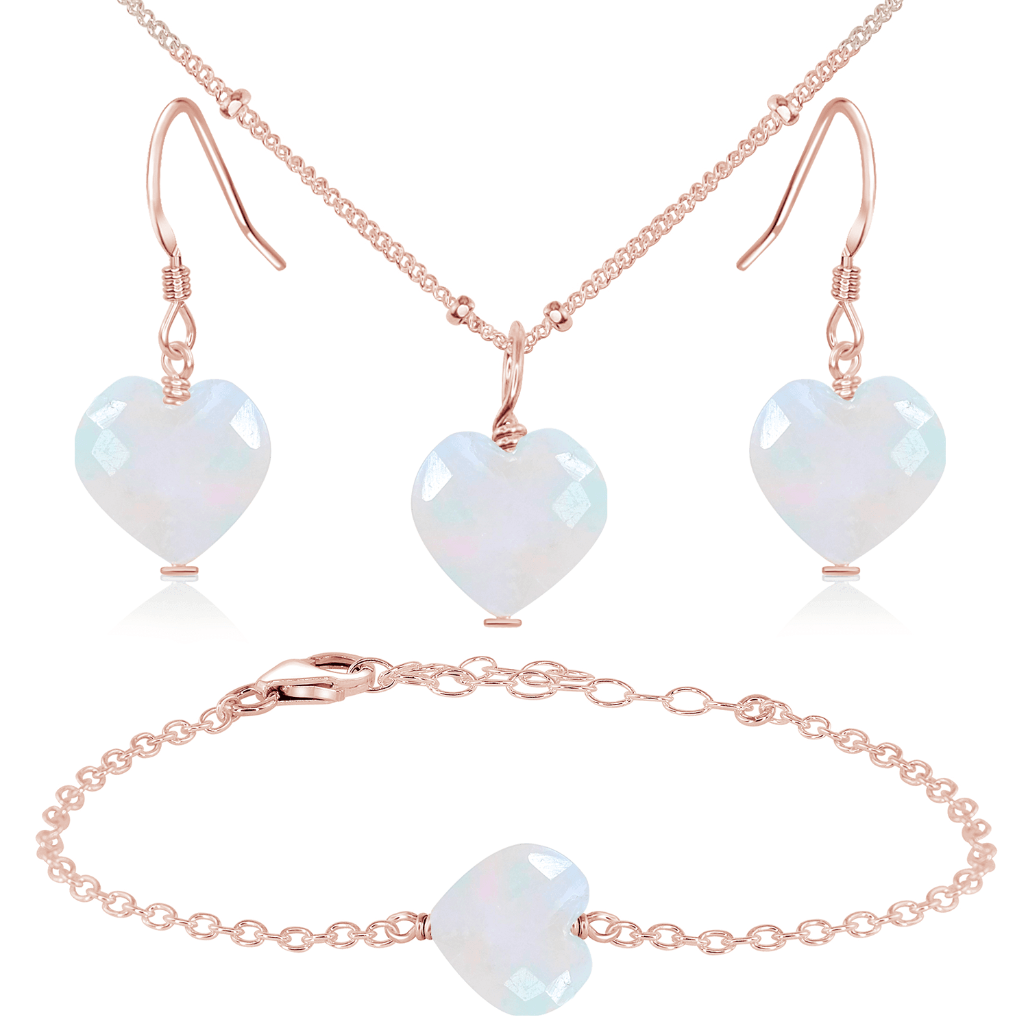 Rainbow Moonstone Crystal Heart Jewellery Set - Rainbow Moonstone Crystal Heart Jewellery Set - 14k Rose Gold Fill / Satellite / Necklace & Earrings & Bracelet - Luna Tide Handmade Crystal Jewellery