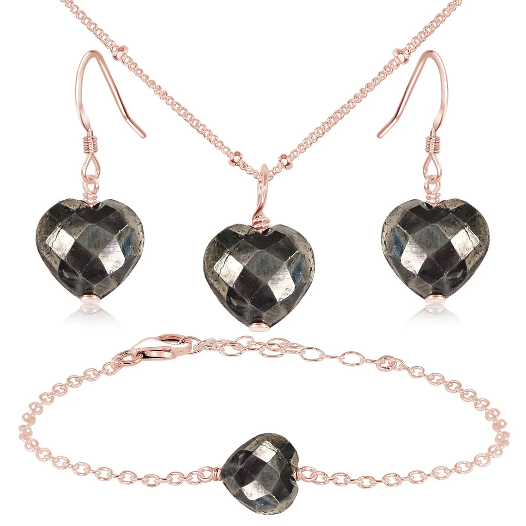 Pyrite Crystal Heart Jewellery Set - Pyrite Crystal Heart Jewellery Set - 14k Rose Gold Fill / Satellite / Necklace & Earrings & Bracelet - Luna Tide Handmade Crystal Jewellery