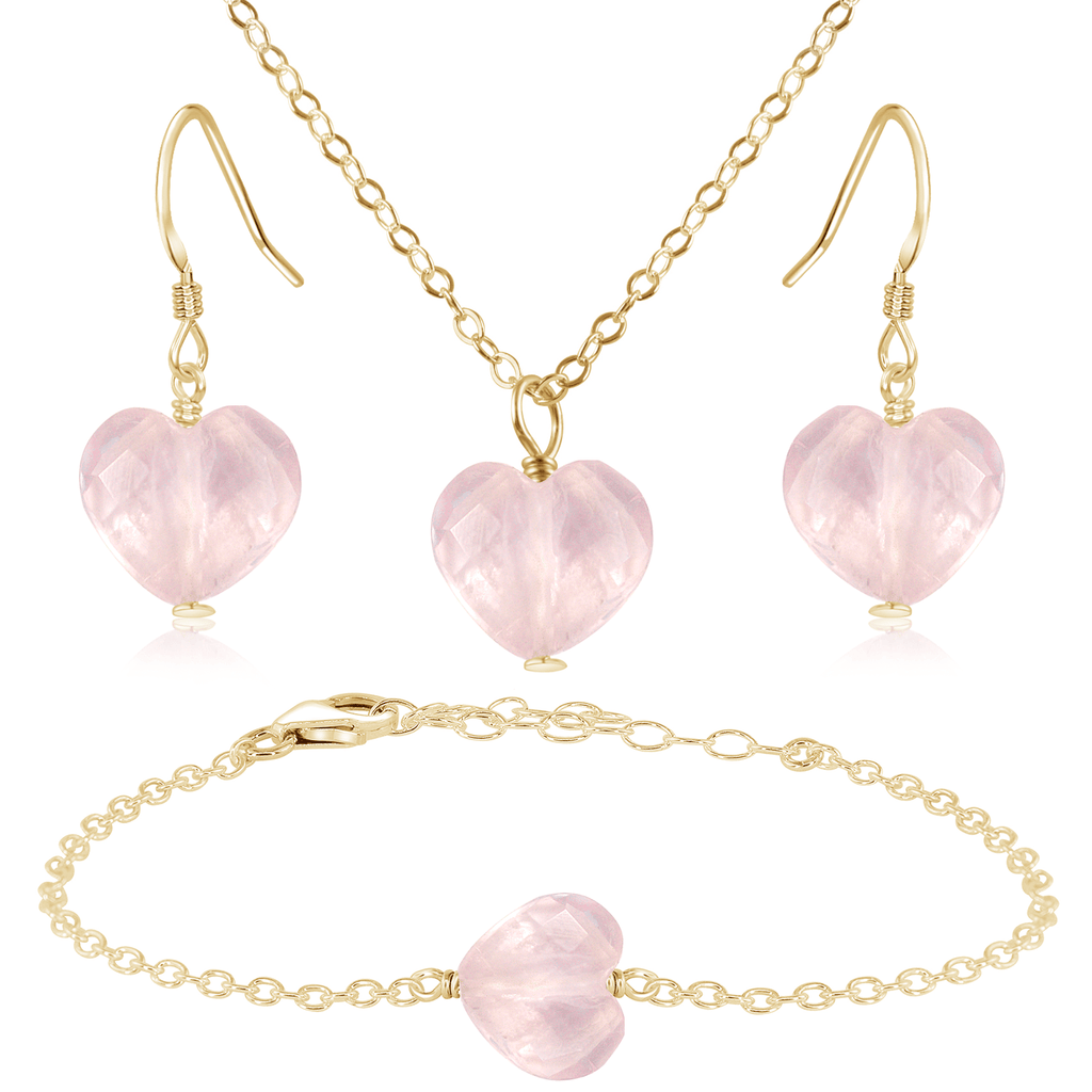 Rose Quartz Crystal Heart Jewellery Set - Rose Quartz Crystal Heart Jewellery Set - 14k Gold Fill / Cable / Necklace & Earrings & Bracelet - Luna Tide Handmade Crystal Jewellery