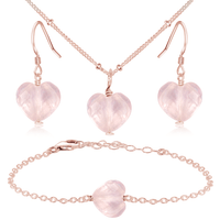 Rose Quartz Crystal Heart Jewellery Set - Rose Quartz Crystal Heart Jewellery Set - 14k Rose Gold Fill / Satellite / Necklace & Earrings & Bracelet - Luna Tide Handmade Crystal Jewellery
