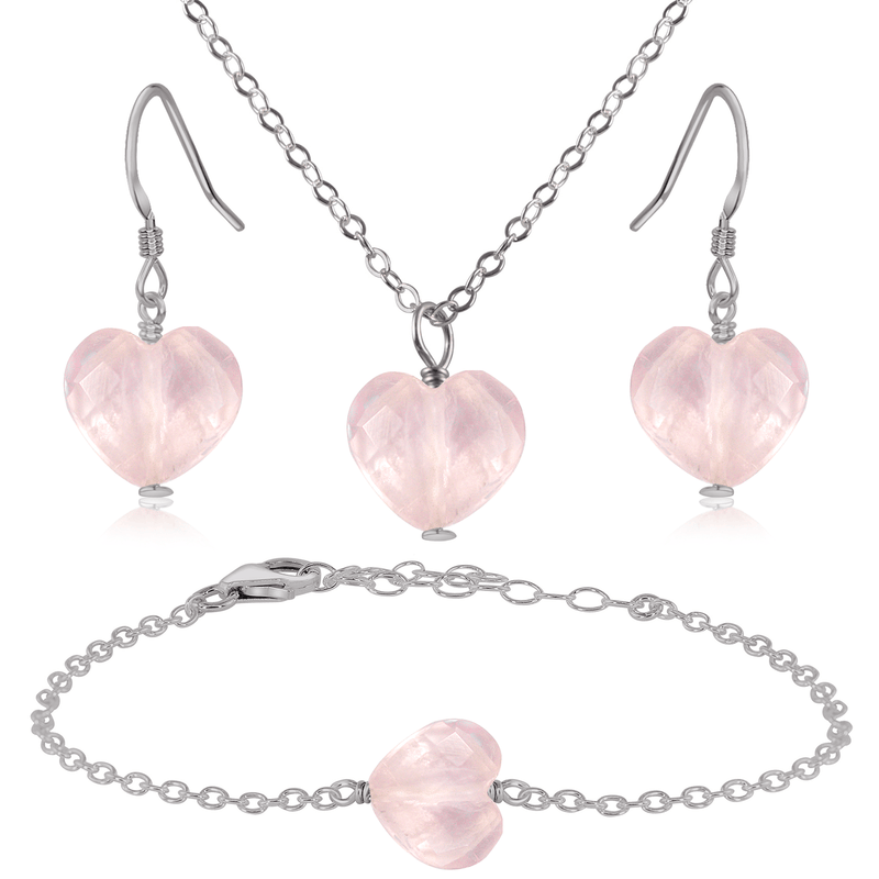 Rose Quartz Crystal Heart Jewellery Set - Rose Quartz Crystal Heart Jewellery Set - Stainless Steel / Cable / Necklace & Earrings & Bracelet - Luna Tide Handmade Crystal Jewellery