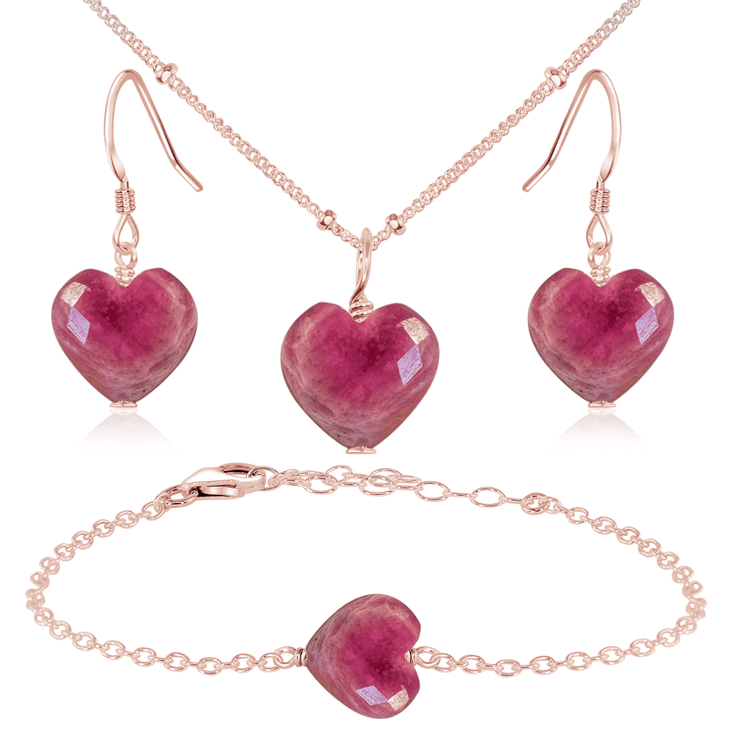 Ruby Crystal Heart Jewellery Set - Ruby Crystal Heart Jewellery Set - 14k Rose Gold Fill / Satellite / Necklace & Earrings & Bracelet - Luna Tide Handmade Crystal Jewellery