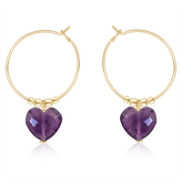 Amethyst Crystal Heart Dangle Hoop Earrings - Amethyst Crystal Heart Dangle Hoop Earrings - 14k Gold Fill - Luna Tide Handmade Crystal Jewellery