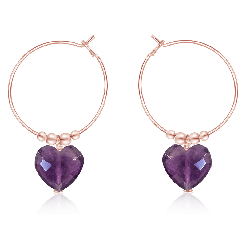 Amethyst Crystal Heart Dangle Hoop Earrings - Amethyst Crystal Heart Dangle Hoop Earrings - 14k Rose Gold Fill - Luna Tide Handmade Crystal Jewellery