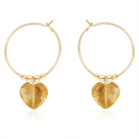 Citrine Crystal Heart Dangle Hoop Earrings - Citrine Crystal Heart Dangle Hoop Earrings - 14k Gold Fill - Luna Tide Handmade Crystal Jewellery