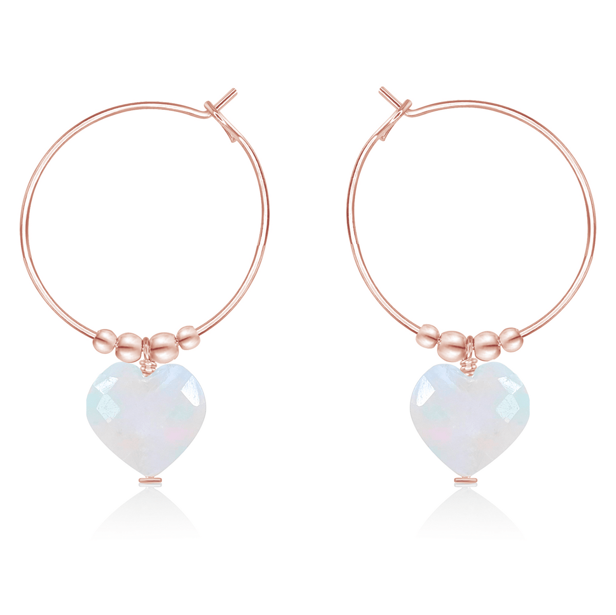 Rainbow Moonstone Crystal Heart Dangle Hoop Earrings - Rainbow Moonstone Crystal Heart Dangle Hoop Earrings - 14k Rose Gold Fill - Luna Tide Handmade Crystal Jewellery