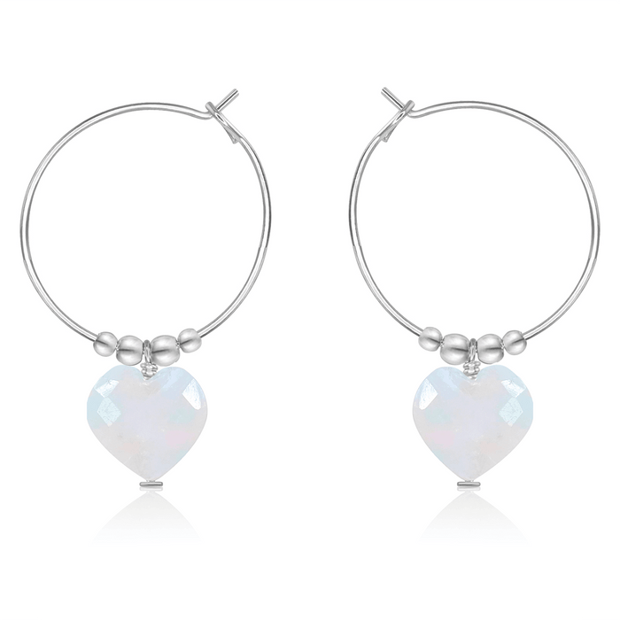 Rainbow Moonstone Crystal Heart Dangle Hoop Earrings - Rainbow Moonstone Crystal Heart Dangle Hoop Earrings - Sterling Silver - Luna Tide Handmade Crystal Jewellery