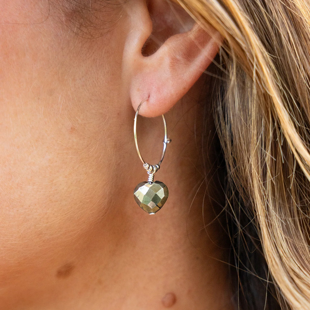 Pyrite Crystal Heart Dangle Hoop Earrings