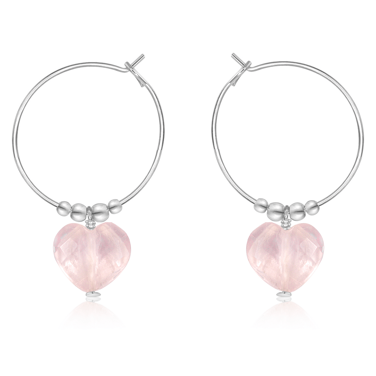 Rose Quartz Crystal Heart Dangle Hoop Earrings - Rose Quartz Crystal Heart Dangle Hoop Earrings - Sterling Silver - Luna Tide Handmade Crystal Jewellery