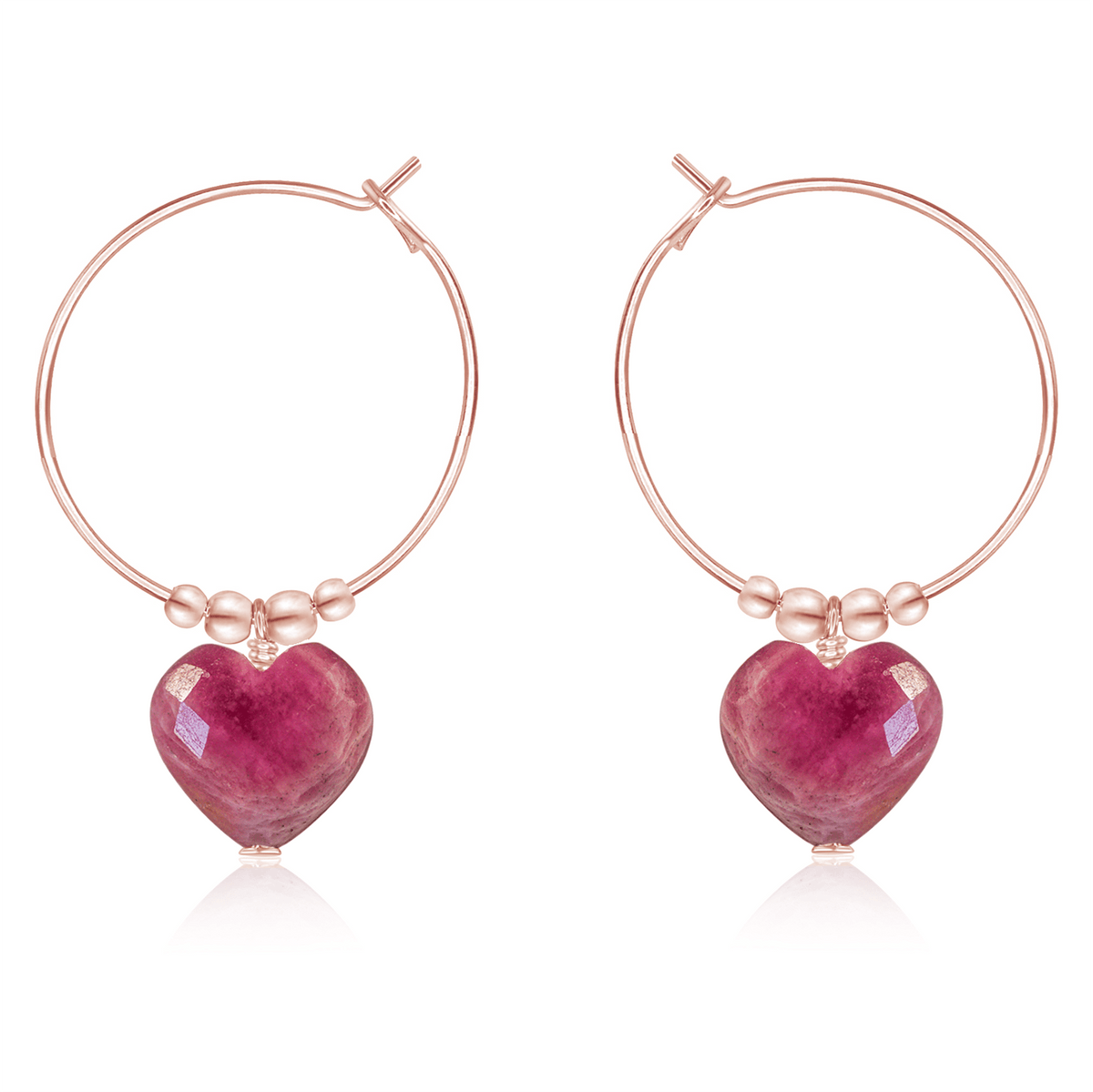 Ruby Crystal Heart Dangle Hoop Earrings - Ruby Crystal Heart Dangle Hoop Earrings - 14k Rose Gold Fill - Luna Tide Handmade Crystal Jewellery
