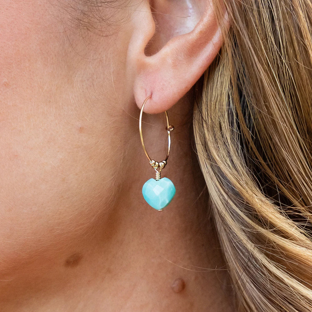 Turquoise Crystal Heart Dangle Hoop Earrings
