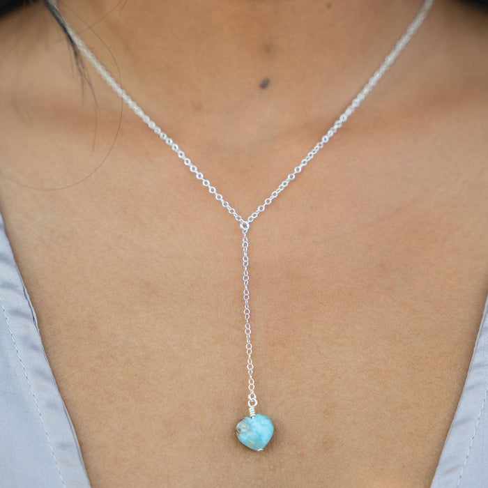 Larimar Crystal Heart Lariat Necklace - Larimar Crystal Heart Lariat Necklace - Sterling Silver - Luna Tide Handmade Crystal Jewellery