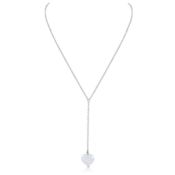Rainbow Moonstone Crystal Heart Lariat Necklace - Rainbow Moonstone Crystal Heart Lariat Necklace - Sterling Silver - Luna Tide Handmade Crystal Jewellery