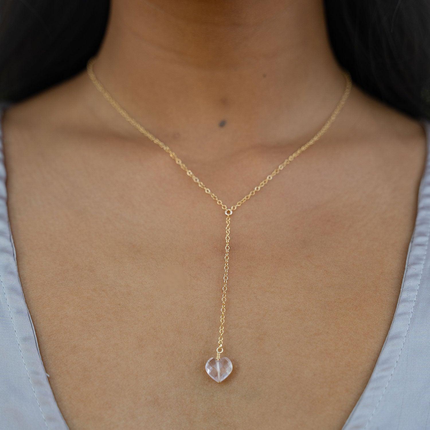 Rose Quartz Crystal Heart Lariat Necklace - Rose Quartz Crystal Heart Lariat Necklace - 14k Gold Fill - Luna Tide Handmade Crystal Jewellery