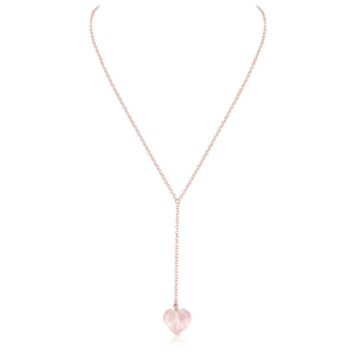 Rose Quartz Crystal Heart Lariat Necklace - Rose Quartz Crystal Heart Lariat Necklace - 14k Rose Gold Fill - Luna Tide Handmade Crystal Jewellery