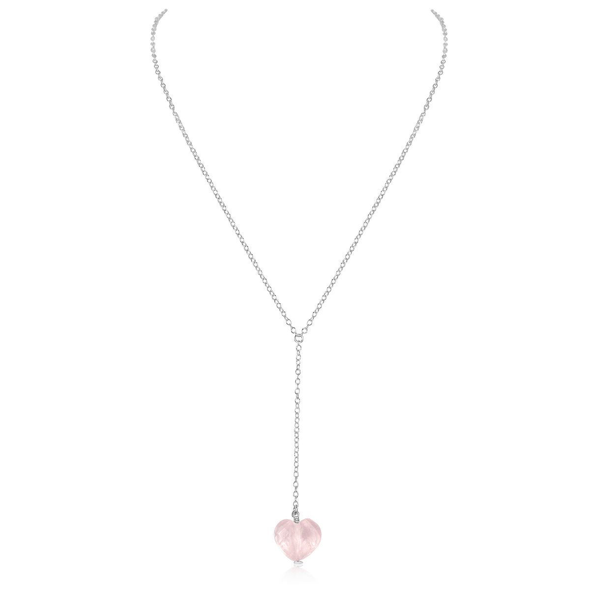 Rose Quartz Crystal Heart Lariat Necklace - Rose Quartz Crystal Heart Lariat Necklace - Sterling Silver - Luna Tide Handmade Crystal Jewellery