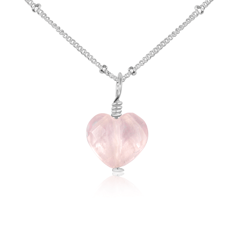 Rose Quartz Crystal Heart Pendant Necklace - Rose Quartz Crystal Heart Pendant Necklace - Sterling Silver / Satellite - Luna Tide Handmade Crystal Jewellery