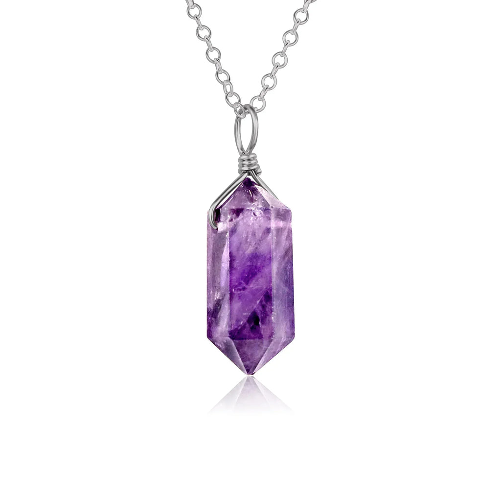 Large Double Terminated Amethyst Crystal Pendant Necklace - Large Double Terminated Amethyst Crystal Pendant Necklace - Stainless Steel / Cable - Luna Tide Handmade Crystal Jewellery