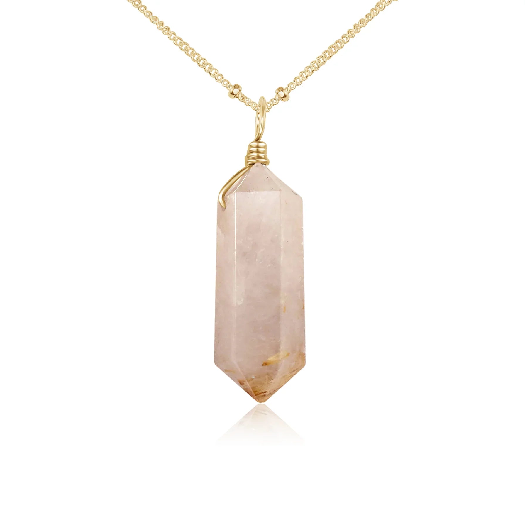 Large Double Terminated Golden Rutilated Quartz Crystal Pendant Necklace
