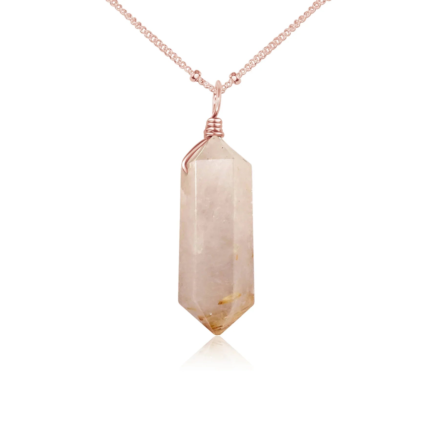 Large Double Terminated Golden Rutilated Quartz Crystal Pendant Necklace