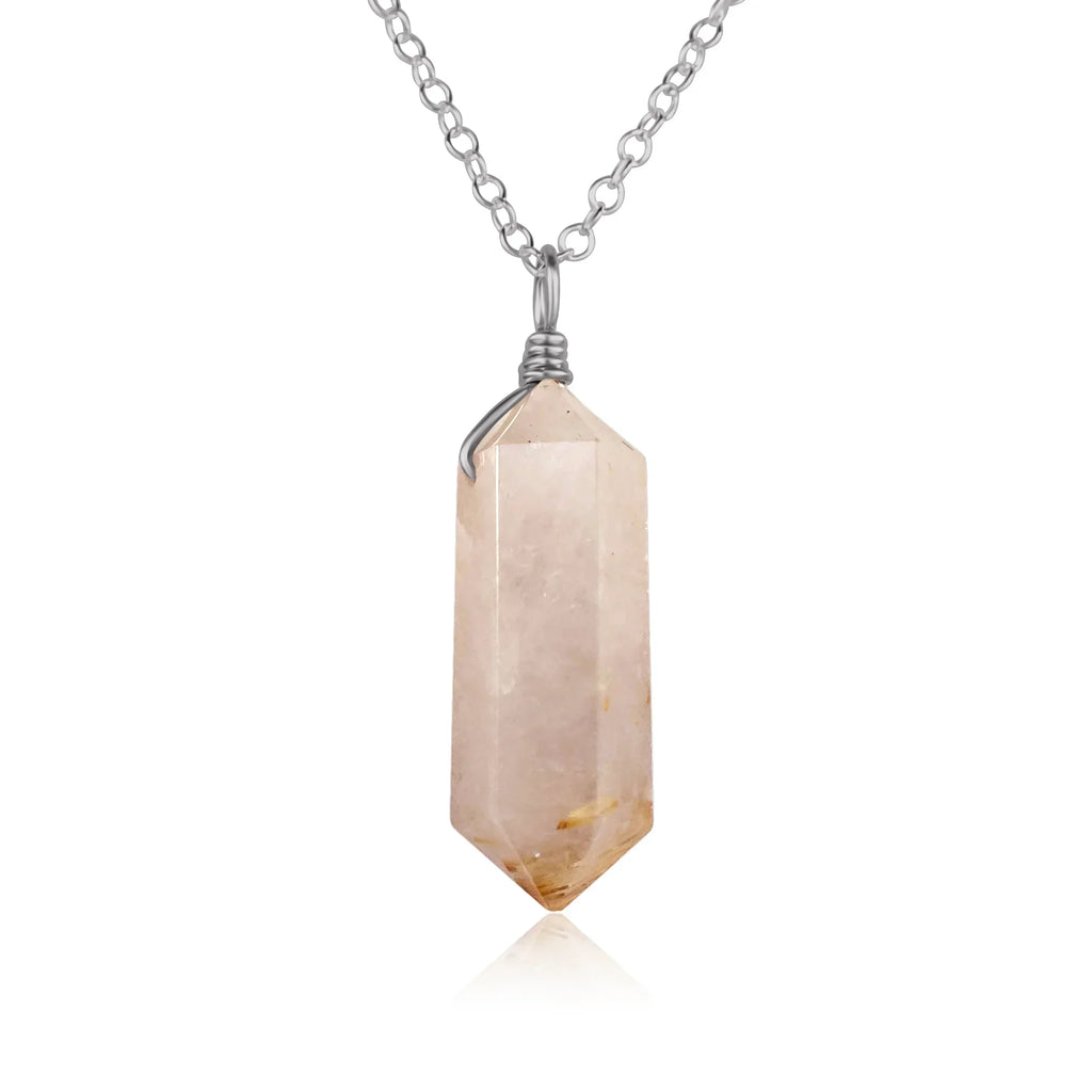 Large Double Terminated Golden Rutilated Quartz Crystal Pendant Necklace - Large Double Terminated Golden Rutilated Quartz Crystal Pendant Necklace - Stainless Steel / Cable - Luna Tide Handmade Crystal Jewellery