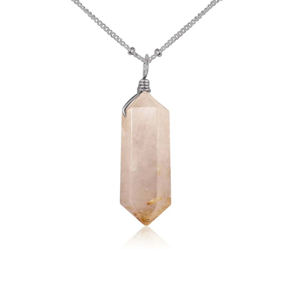 Large Double Terminated Golden Rutilated Quartz Crystal Pendant Necklace - Large Double Terminated Golden Rutilated Quartz Crystal Pendant Necklace - Stainless Steel / Satellite - Luna Tide Handmade Crystal Jewellery